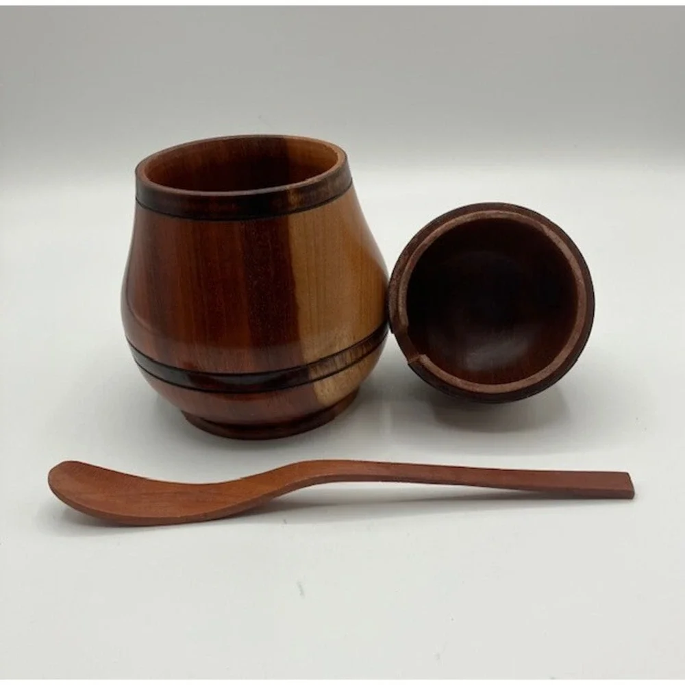 Inlaid Teak Wood Honey or‎ Jam Pot Pear Shaped Handcrafted 7